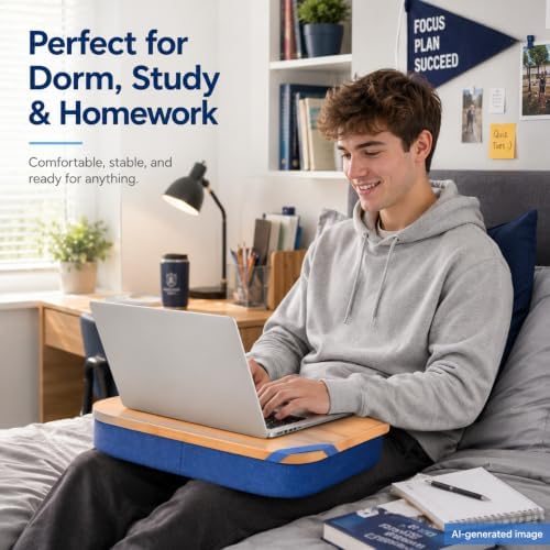 Mayjoy Bamboo Laptop Lap Desk with Storage, Removable Cover, Blue