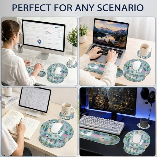 Cute Alpacas Ergonomic Keyboard and Mouse Wrist Rest Set, Cacti Mouse Pad with Non Slip Base, Soft Cloth Surface for Office and Home Typing Support