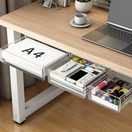 SVNNELP Under Desk Table Drawer Storage Organizer,3 Pack Small & Medium & Large Slide Out Desk Drawers - Hidden Desktop Organizer,Adhesive Storage Pencil Tray Under Table(Clear/LMS)