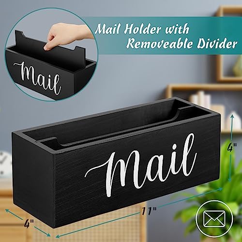 DRASTAR Mail Organizer, Mail Holder with 2 Slots, Mail Basket for Wall Table Countertop, Wood Desk Mail Organizer, Black Envelope Holder for Home Office Decor