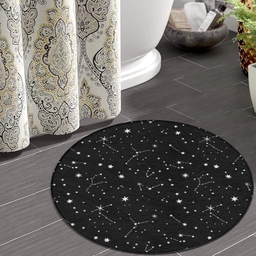 Large Home Decor Mat, Soft Round Yoga Carpet, Non-Slip Machine Washable Kitchen Office Circle Rug Compatible with Zodiac Constellation Galaxy Black Starry Night Stars Glow Dark Midnight