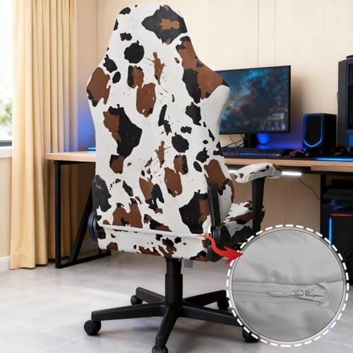 Cow Print Gaming Chair Cover with Armrest Cover 4 pcs Set Zippered Stretchable Slipcover Cat Proof Scratch Resistant Wastern Universal Rotating Desk Chair Protector