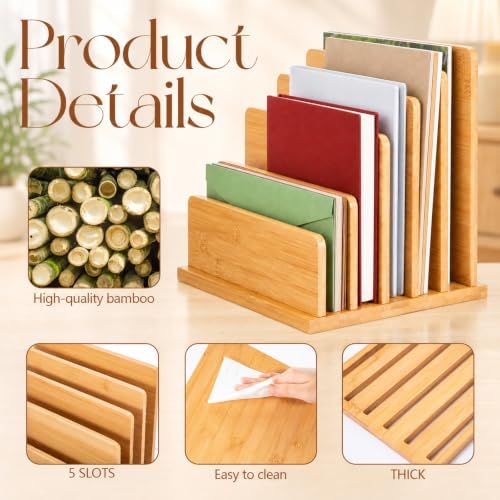 Gilprop 2 Pack 5 Slots Bamboo File Organizer, 7.9 × 7.78 × 9.5 Inches Desk Mail Organizer Countertop, Paper Letter Envelope Sorter Holder for Home Office Document Storage
