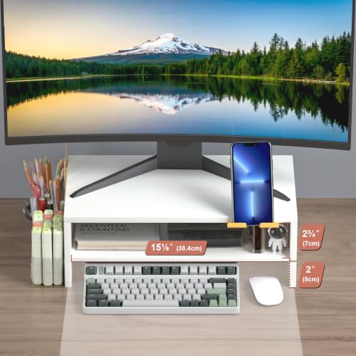 TEAMIX 2-Tier White Monitor Stand Riser with Phone Holder&Clear Pen Holder