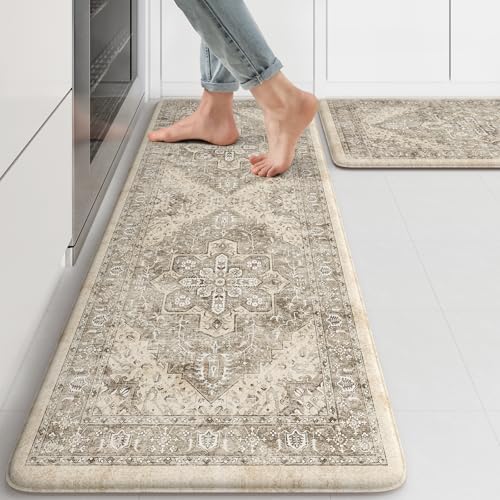 KIMODE Anti Fatigue Kitchen Mats 2 PCS 17"x47"+17"x29.5", Boho Kitchen Rugs and Mats, Non Slip Cushioned Kitchen Mats for Floor, Waterproof Kitchen Floor Mats for Laundry, Office, Sink, Khaki