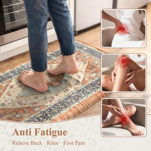KIMODE Anti Fatigue Kitchen Mat, Boho Distressed Kitchen Rugs Fall Orange