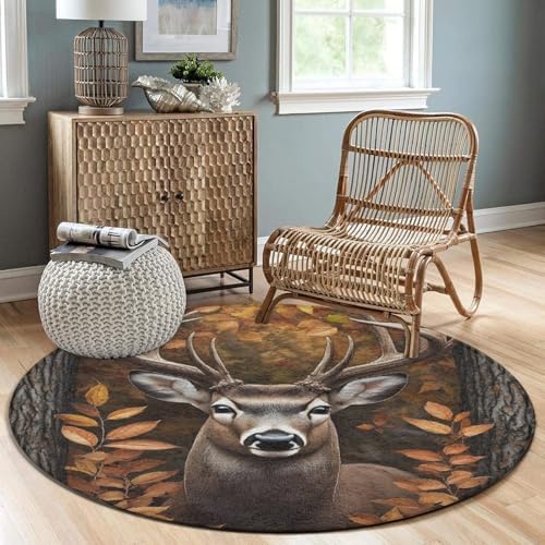 Fashion Round Area Rug Large Non Slip Carpet Unisex Home Decor Mat Fall Leaves Hunting Camo Tree Deer