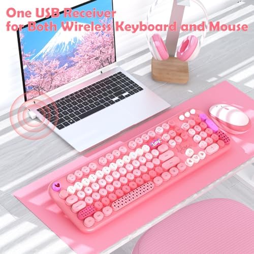 Wireless Keyboard Mouse,104 Full Size Cute Colorful Keyboard and Mouse with Retro Typewriter for PC/Mac/Laptop/Tablet/Computer/Windows/Microsoft, Pink
