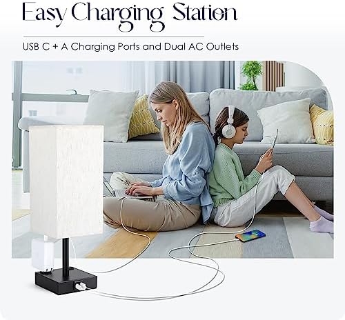 Bedside Table Lamps Set of 2 - Touch Nightstand Lamp for Bedroom with USB C+A Charging Ports & AC Outlets, 3-Way Dimmable Desk Lamp Flaxen Fabric Shade for Living Room Office(Bulb Included)