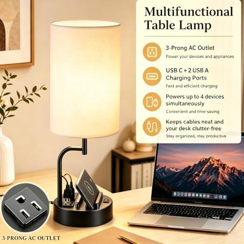 Dreamholder 2 Pack Table Lamp, Bedside Lamp with 3 USB Charging Ports & AC Outlet, USB Desk Lamp with 2 Phone Holders, Linen Fabric Shade Nightstand Lamps for Bedroom Living Room Office, Black