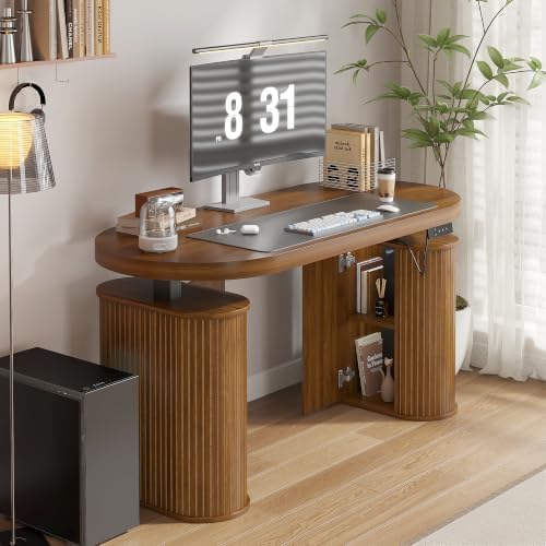Electric Standing Desk with Storage, 55" Mid Century Modern Sit Stand Desk