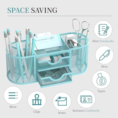 SUPEASY Mesh Desk Organizer, Pen Holder for Desk with 2 Drawers, Blue