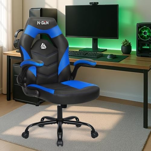 N-GEN GAMING Video Gaming Chair Ergonomic Office Desk Chair with Lumbar Support Adjustable Height Padded Flip Up Arms and Swivel Wheels Racing Style Design for Adults with PU Leather (Blue)