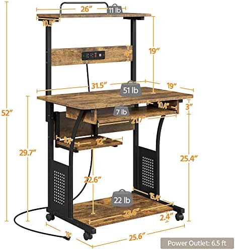 Topeakmart 3 Tiers Rolling Computer Desk with Power Outlet and USB Ports for Space Saving, Home Office Desk with Keyboard Tray and Printer Shelf on Wheels, Laptop PC Workstation Table, Rustic Brown