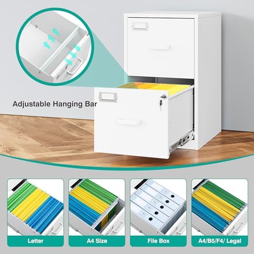 SISESOL 2 Drawer File Cabinet with Lock,Narrow Vertical Filing Cabinet,Under Desk File Cabinets,White Metal File Cabinets for Home Office,Fit Letter/A4/Legal Size File,Easy Assembly