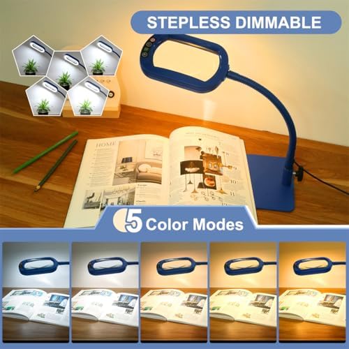 Veemagni 12X Rectangle Magnifying Glass with Light and Stand, Flexible Gooseneck LED Lighted Desk Lamp, 5 Color Modes Stepless Dimmable, Hands Free Magnifier for Reading Painting Close Work - Blue