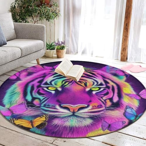 Room Sofa Yoga Soft Round Carpet, Home Decor Non Slip Kitchen Office Circle Rug, Machine Washable Modern Round Area Rug King of The Tiger Butterfly Art, 36inch
