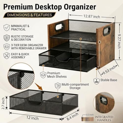 Wood Desk Organizer - 3-Tier Desktop File Organizer with Drawer, Wooden Paper Tray, Office Desk Organzier and Accessories for Papers, Mail, Notebooks, Stationery