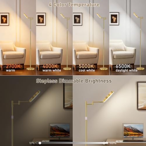 SIBRILLE LED Floor Lamp, 18W Bright Standing Lamp with Remote Control, Adjustable Height, 350°Swing Arms, Modern Dimmable Coner Floor lamp for Reading, Sewing and Crafts, Gold