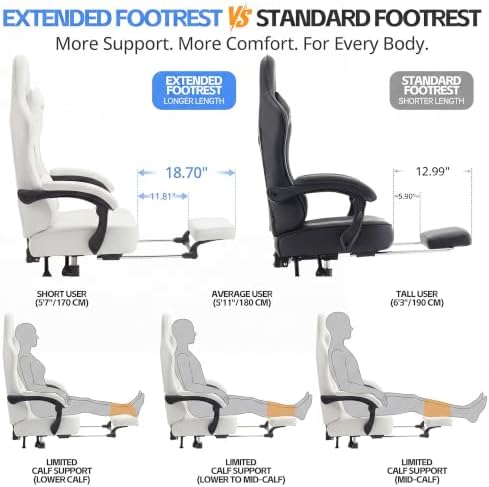 Gaming Chair Breathable Leather with Pocket Spring Cushion, Wide and High Ergonomic Office Chair with Headrest, Computer Gaming Chair with Footrest for Adult and Teen (White)