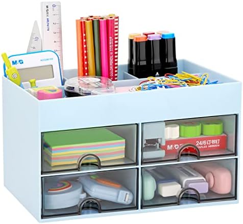 LETURE Office Desktop Organizer with Drawer, Stationary Organizer Desk Caddy, Pen/Pencil/Business Card/Sticky Note Tray/Paperclip Holder Storage Box (Blue)