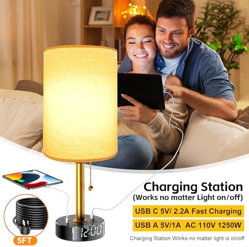Bedside Desk Lamp for Bedroom, Table Lamp with USB A & USB C Fast Charging Ports & 2 AC Power Outlets, Alarm Clock Base, Round Black Fabric Lampshade Modern Nightstand Lamp for Living Room Home Office