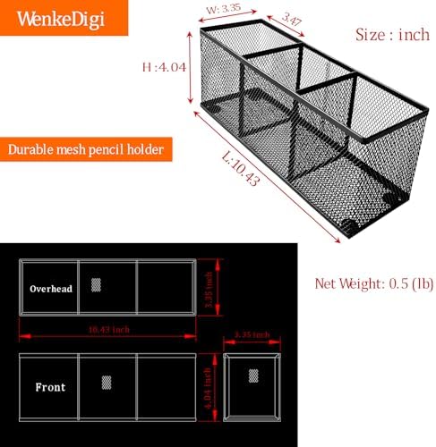 Metal Mesh Pencil Holder, Spacious 3-Compartment Desk Organizer for Pens, Makeup Brushes, Utensils, Multipurpose Office, School ,Kitchen, Home Desktop Storage, 10.43 x 3.35 x 4.04 Inches, Black