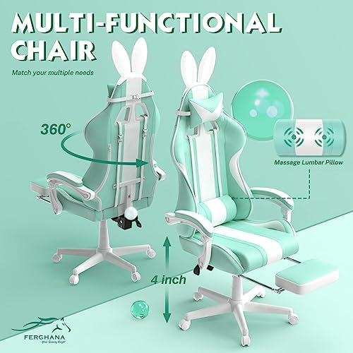 Ferghana Kawaii Light Green Gaming Chair with Bunny Ears, Ergonomic Cute Gamer Chair with Footrest and Massage, Racing Reclining Leather Computer Game Chair 250lbs for Girls Adults Teens Kids