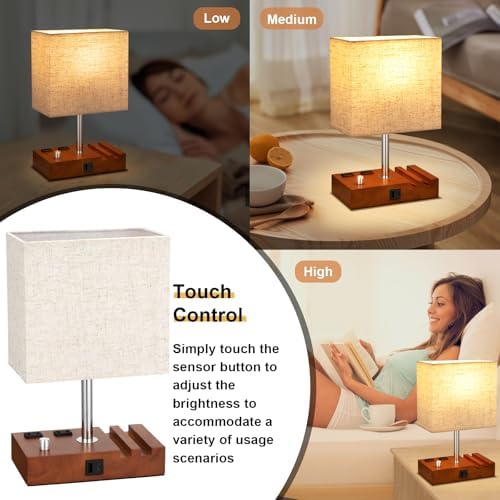 Brown Wood Grain Bedside Lamp - Stepless Dimmable, USB C+A, 2 AC Outlets