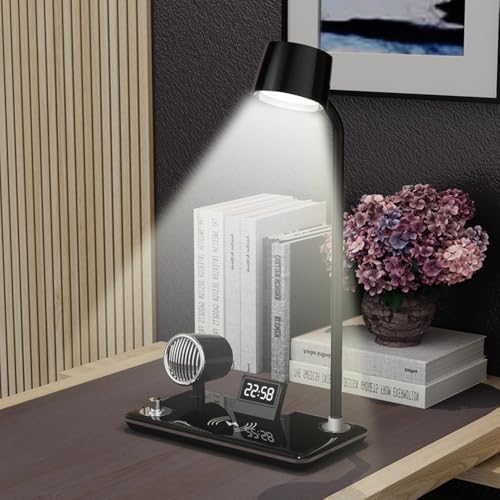 IHAO Smart LED Desk Lamp with Wireless Charger & Bluetooth Speaker, 15W Fast Charging Station for Phone & Earbuds Touch Control 3 Light Modes Alarm Clock Adjustable Eye-CareTable Lamp-HYT1772 Black