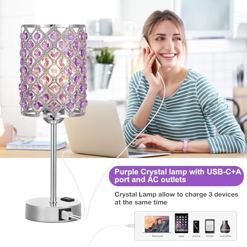 Hong-in Crystal Lamps for Night Stands, Purple Table Lamp for Bedroom