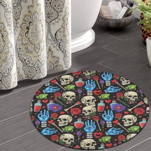 Fashion Round Area Rug Large Non Slip Carpet, Halloween Goth Skull Mushroom Vampire Magic Witch Witchcraft Unisex Home Decor Mat, 60inch