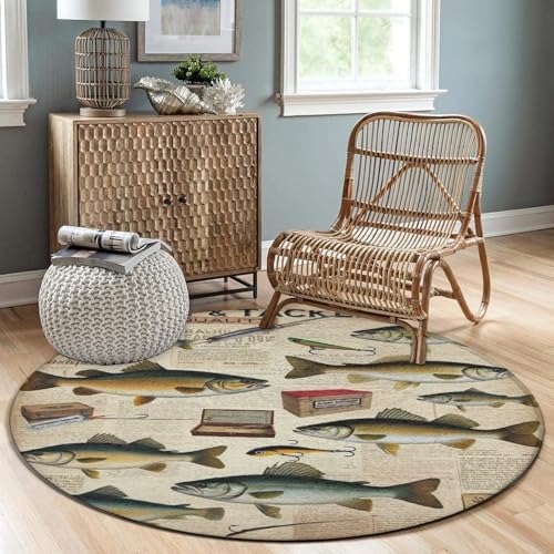 Fashion Round Area Rug Large Non Slip Carpet Unisex Home Decor Mat Farmhouse Fishing