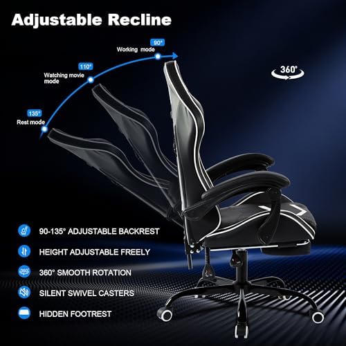 Ergonomic Gaming Chair for Adults, Reclining Computer Office Desk Chair with Footrest, Pocket Spring Cushion,Linkage Armrests, Lumbar Support & Headrest, Heavy-Duty Enlarged Metal Base,White