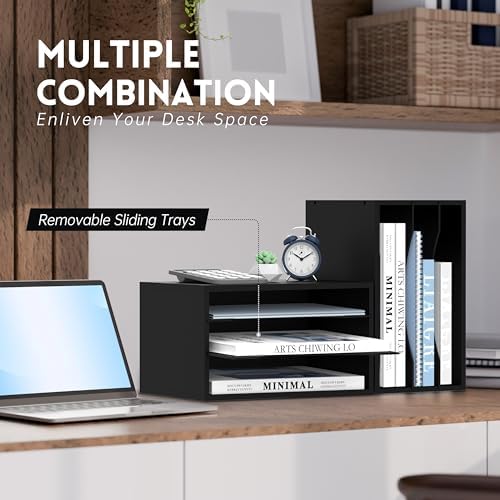 3 Tier Wood Desk Organizer, Mail Sorter and Paper Organizer for Desk, Black