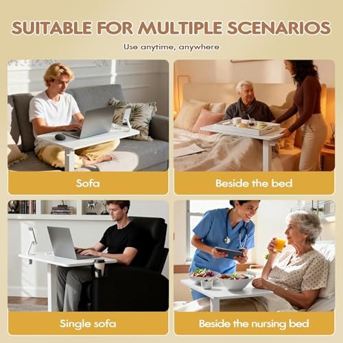 Furmax Mobile Standing Desk with Wheels, Pneumatic Adjustable Rolling Computer Desk Laptop Table for Bed, Couch (White-1,Small)
