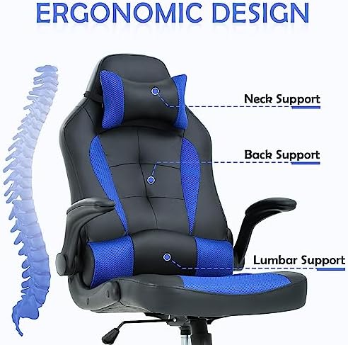 High Back PU Leather Office & Gaming Chair - Comfortable, Big & Tall, Height Adjustable, Heavy Duty Racing Chair with Headrest & Lumbar Support (Blue)
