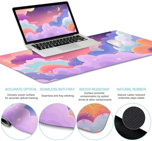 LIMKRIAN Purple Mouse Pad Large Desk Mat Set, Kawaii Clouds Ergonomic Mouse Pad with Wrist Rest Keyboard Wrist Support XXL Mousepad Cup Coaster Set, Cute Purple Office Desk Accessories Decor Supplies