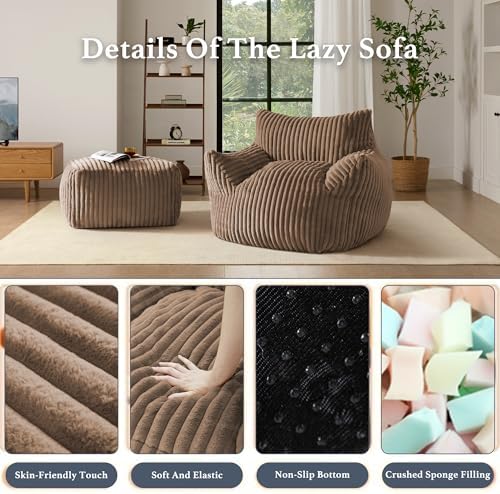 Gericco Oversized Bean Bag Chaise Lounge Chair with Ottoman for Adults