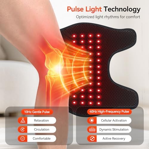 Red Light Therapy Knee Massager Device, 660nm & 850nm Infrared Heat & Vibration Cordless Knee Massager 5000mAh Rechargeable for Knee, Elbow, Shoulder Joint Massage Therapy-Black