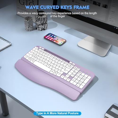 EAYBLLY 2.4G Wireless Ergonomic Keyboard, Full Size Wave Keys with Memory Foam Wrist Rest & 7.28in Phone Holder, USB-C Adapter Included for Windows Mac Chrome OS, Office or Home (Purple)