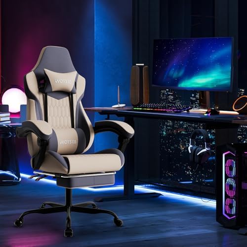 Gaming Chair with Footrest, High Back Gaming Chairs Leather Ergonomic Gamer Chair with Adjustable Headrest Lumbar Support Racing Style Video Gaming Chair for Office/Home (Grey)
