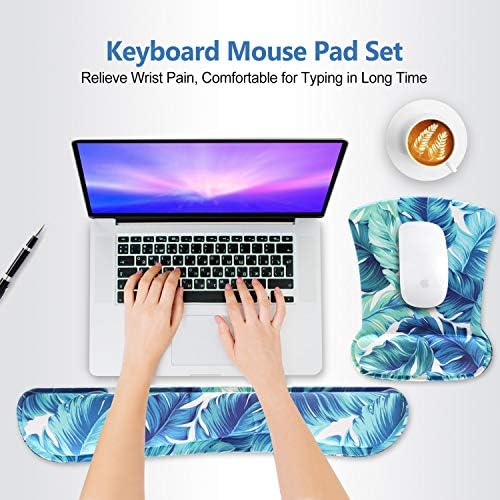 Keyboard Wrist Rest Pad Ergonomic Mouse Pad Set, ToLuLu Mouse Pad for Computer Laptop, Non Slip Mousepad Keyboard Wrist Support with Raised Memory Foam for Easy Typing Pain Relief, Tropical Leaf