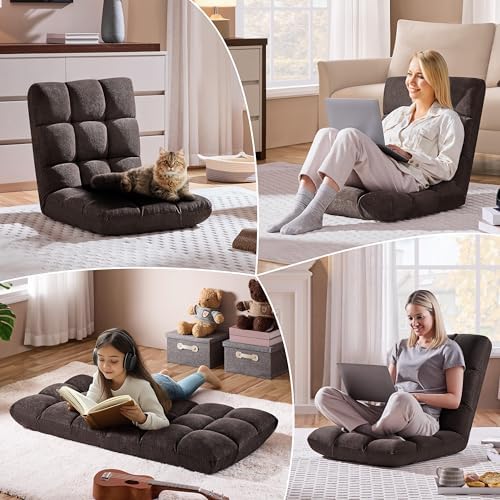 Yaheetech 14-Position Folding Floor Chair with Back Support Brown 2pcs
