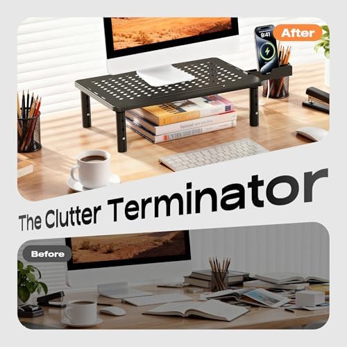 Computer Monitor Stand Riser for Desk, 3 Height Adjustable PC Laptop TV Desktop Monitor Stand Shelf, Metal Printer Table with Phone Holder, Stand Riser for Desk, Office Desk Organizers and Accessories, 1 Pack