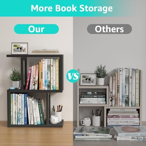Desktop Bookshelf Shelf for Top of Desk - Black Small Organizer 3-Tier Shelves Storage Bookcase Hutch for Dorm Office College Table Top Organization Shelving Decorations for Women Office