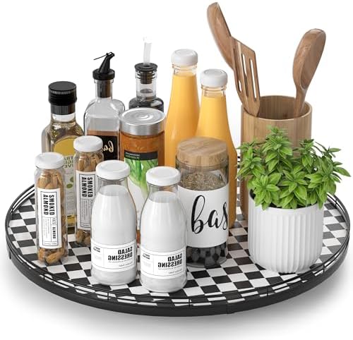 AMH 16-Inch Black and White Checkerboard Lazy Susan Decorative Tray