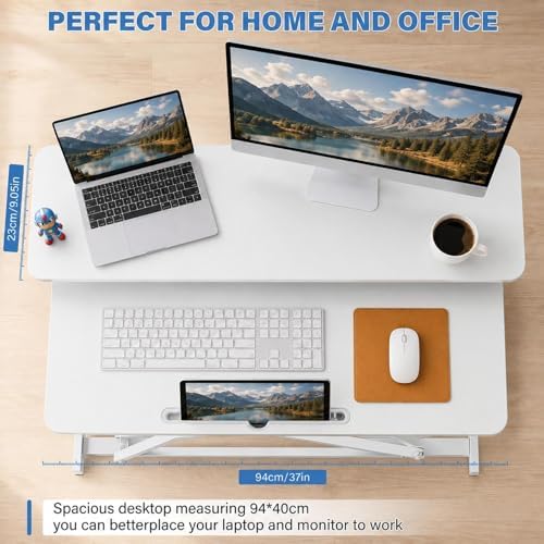 37" Height Adjustable Standing Desk Converter, 4.9" to18.5 Height Adjustable Sit Stand Up Desk Riser with Secondary Desks, Desktop Workstation Riser for Home Office Computer Laptop, White