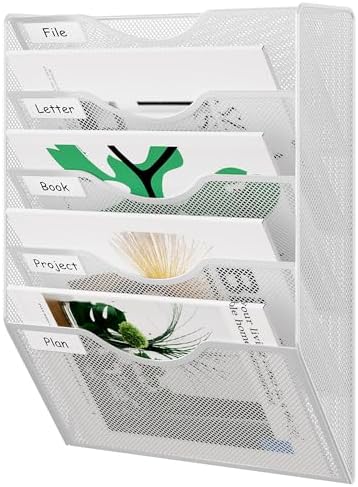 EasyPAG Wall File Organizer 5 Tier Hanging Paper Folder Holder, Zero Assembly Metal Mesh Wall Mounted Mail Organizer for Office Home Classroom Narrow Spaces, White