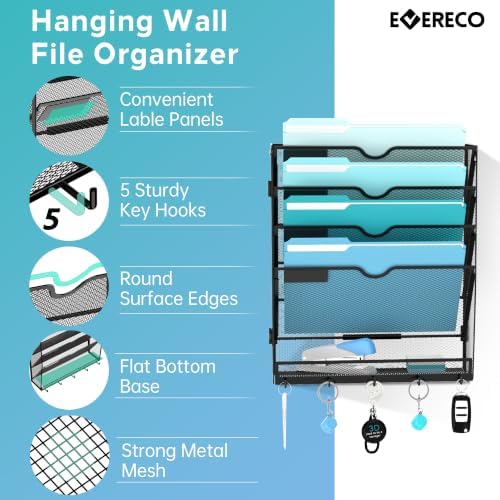 5 Tier Wall File Organizer, Metal Holder with Bottom Hooks